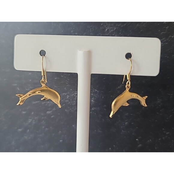Gold Tone Dolphin Shaped Dangling Pierced Earrings Vintage Costume Jewelry - Picture 3 of 10